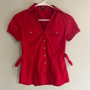 Express Essential Stretch Red Y2K Button Short Sleeve Shirt Fitted Silhouette XS